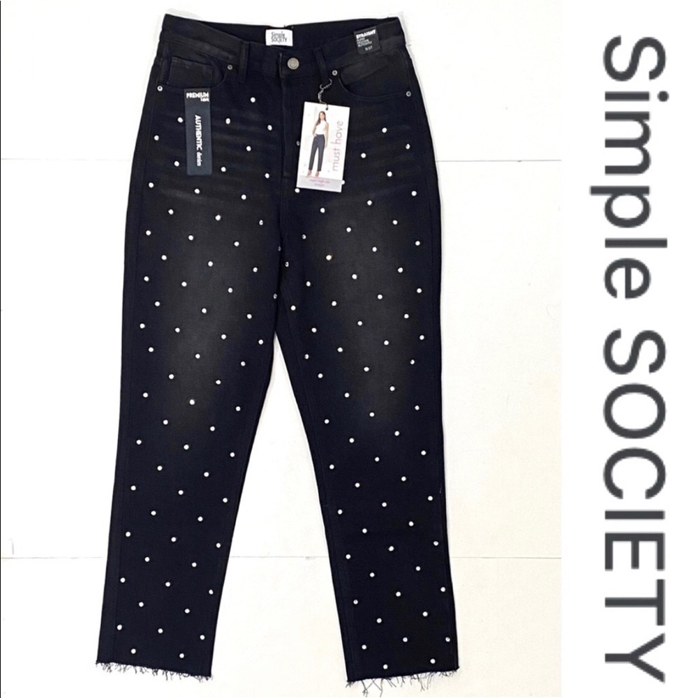 Simple Society Straight Rhinestones Jeans Size 7/28 Super High Rise Color Black